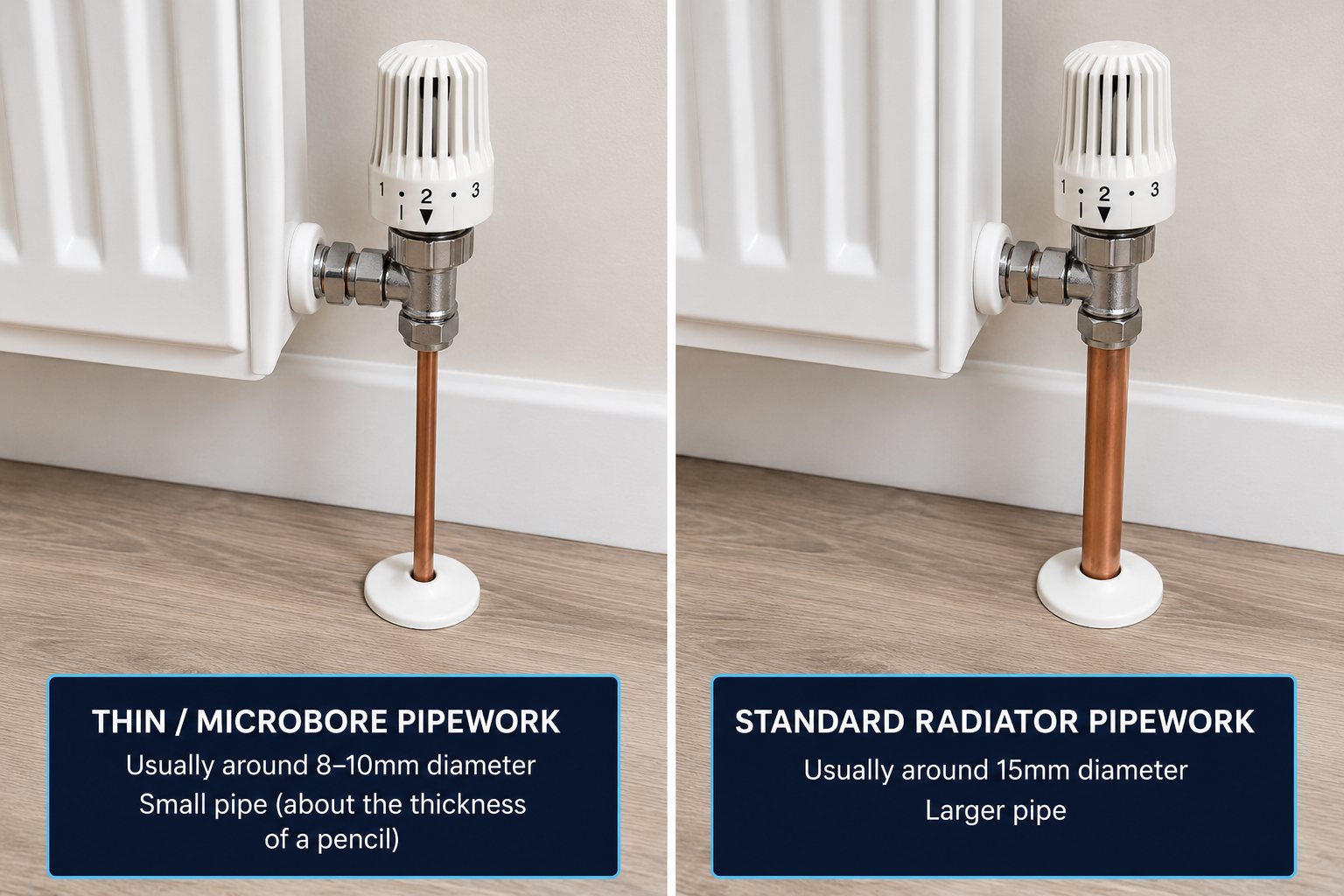Two photographs of a radiator valve side by side. On the left, thin or microbore pipework, a narrow copper pipe usually around 8 to 10mm across, about the thickness of a pencil. On the right, standard radiator pipework, a noticeably thicker copper pipe usually around 15mm across.